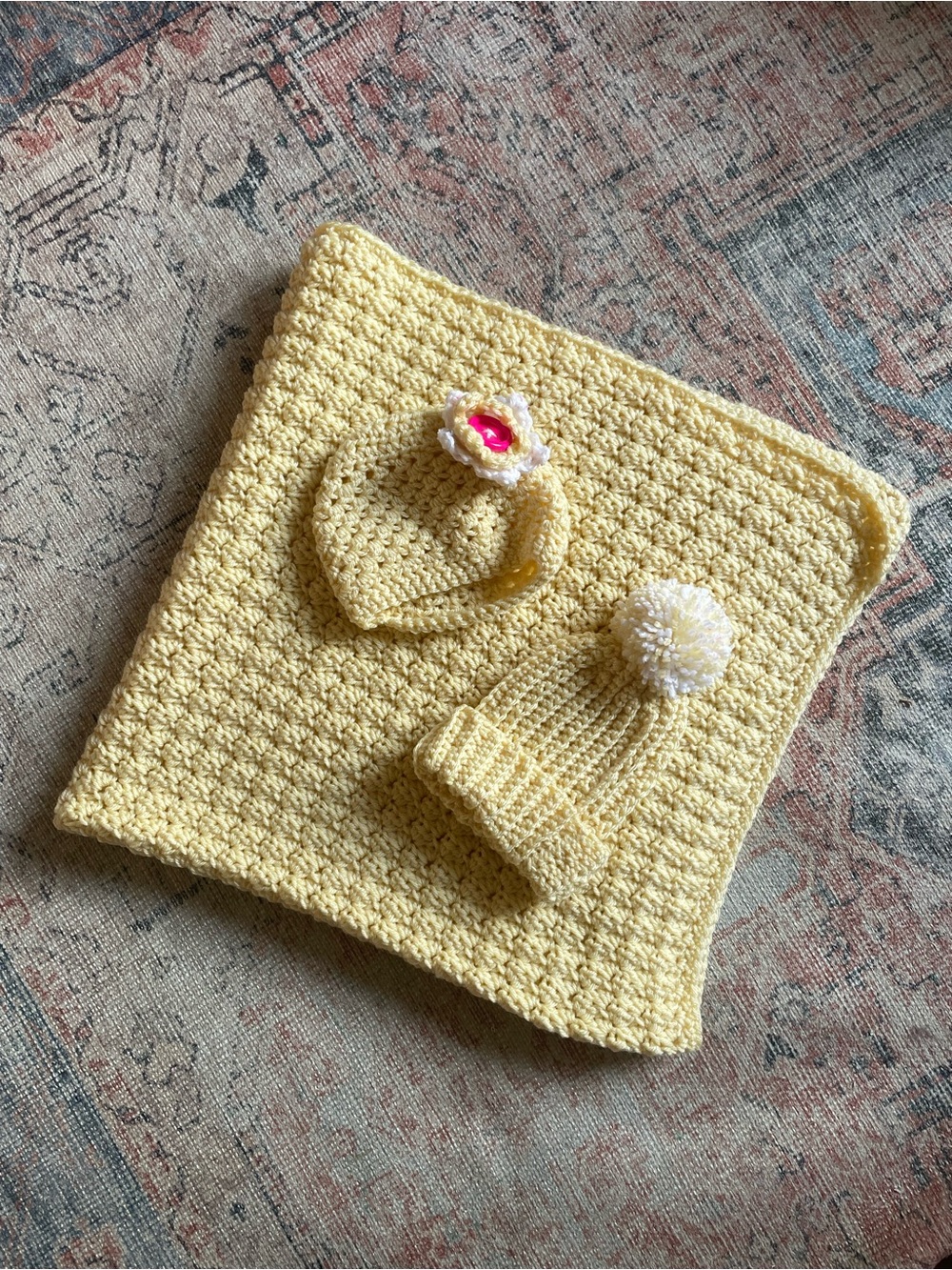 Handmade Butter Yellow‎ Crochet Knit Baby Blanket & Baby Hat Cap Bundle
